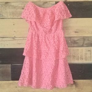 Coral lace strapless dress